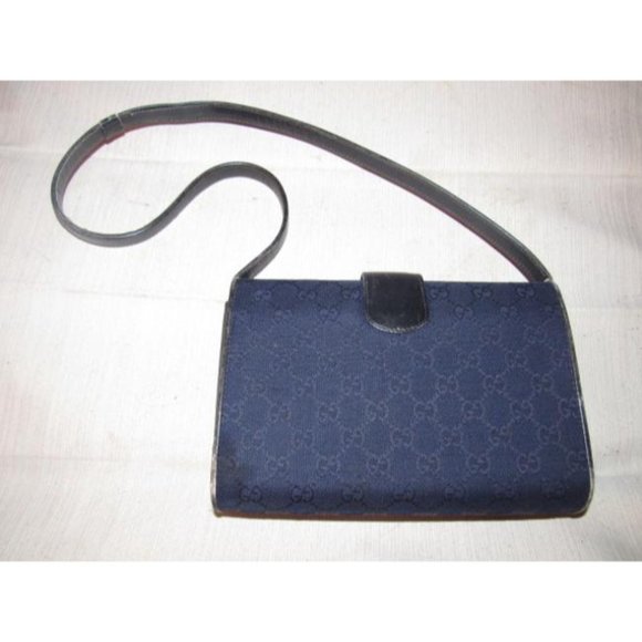 Gucci RARE BOHO Deep Blue 2-Way Clutch G Logo Print Canvas & Black Leather - Picture 4 of 12